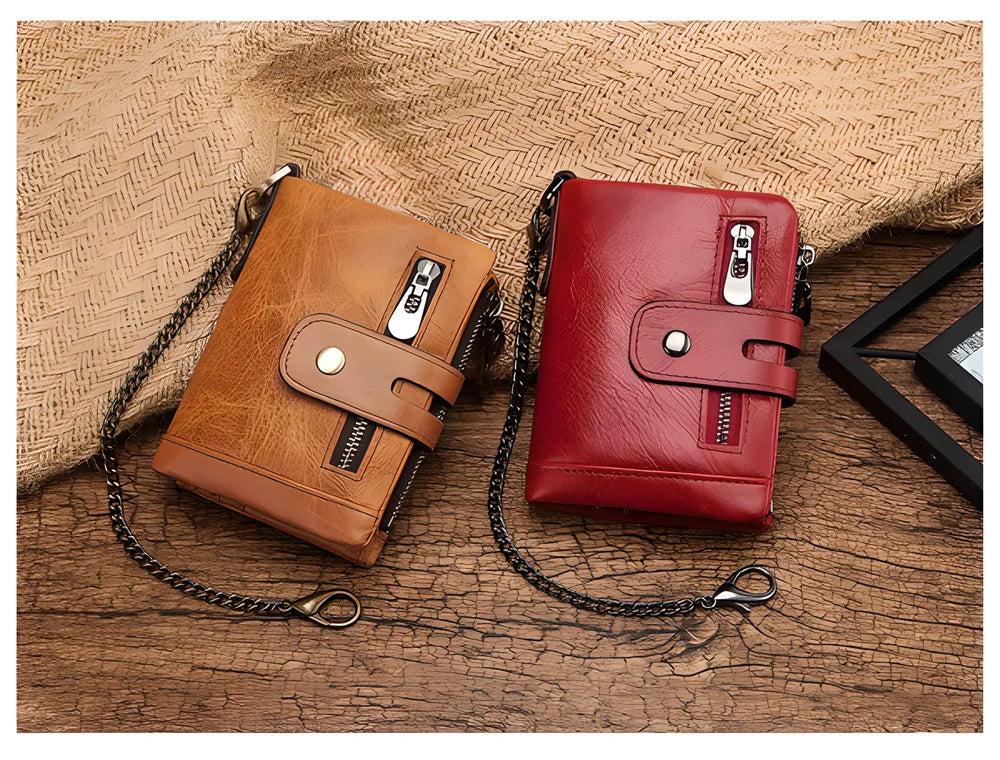 Genuine leather vintage RFID blocking wallet for men with card slots, coin pouch, and chain