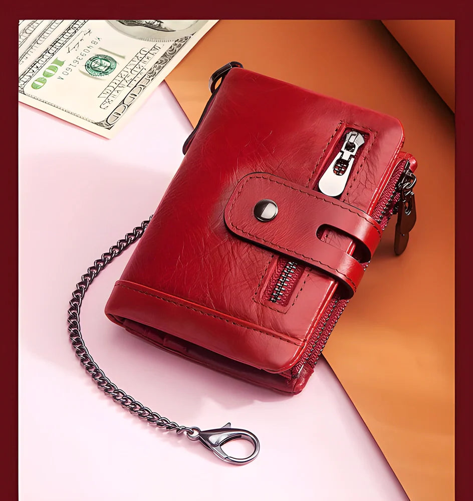 Genuine leather vintage RFID blocking wallet for men with card slots, coin pouch, and chain