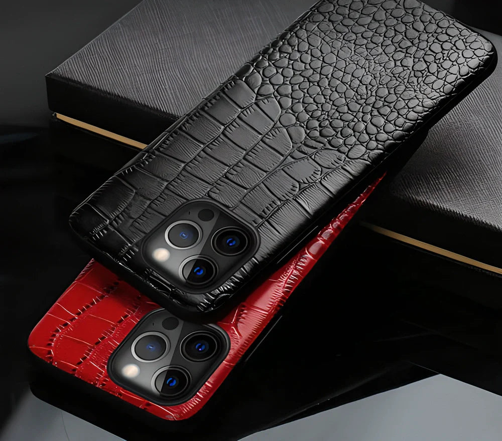 Genuine leather iPhone case in black, featuring advanced shock-absorbing protection and an elegant, sophisticated design.