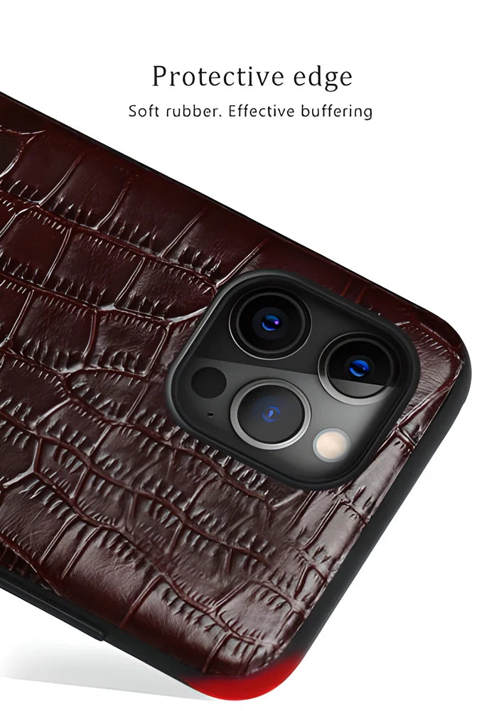 Genuine leather iPhone case in black, featuring advanced shock-absorbing protection and an elegant, sophisticated design.