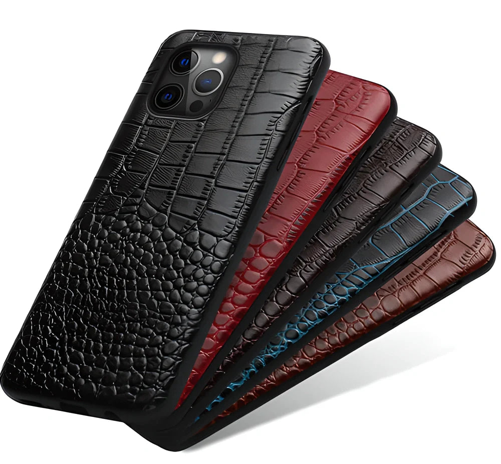 Genuine leather iPhone case in black, featuring advanced shock-absorbing protection and an elegant, sophisticated design.