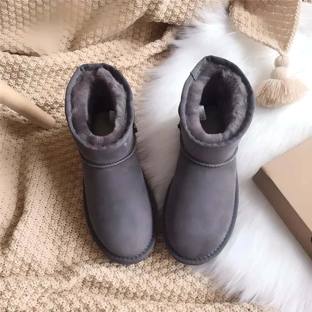 Premium genuine leather snow boots for women in various colours, including chestnut, rose red, and black