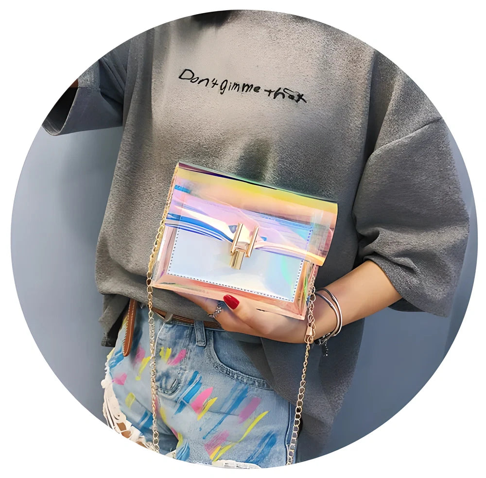 GEONYIEEK™ Transparent Holographic Handbag in modern colours - Silver, Pink, and Blue - with a spacious interior and adjustable shoulder strap