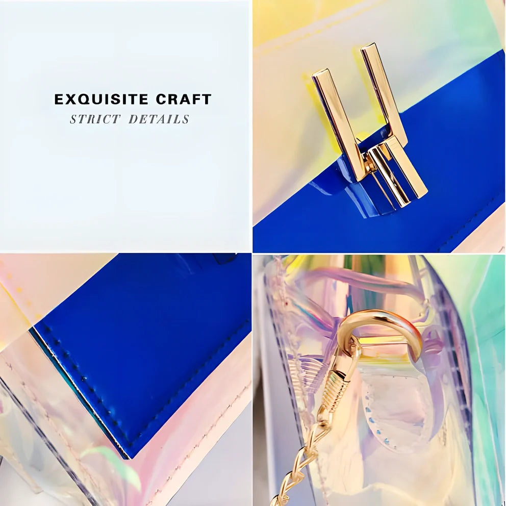 GEONYIEEK™ Transparent Holographic Handbag in modern colours - Silver, Pink, and Blue - with a spacious interior and adjustable shoulder strap