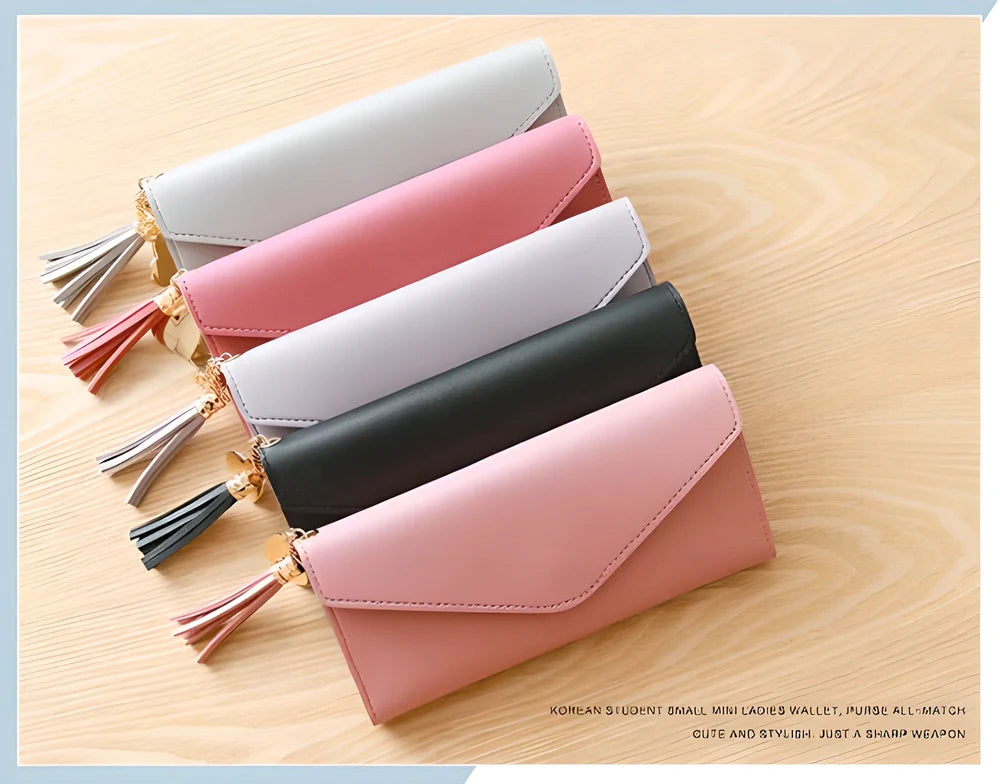 GEONYIEEK™ Women's Long Leather Wallet in various colours, featuring a sleek design, decorative tassel, and multiple storage compartments