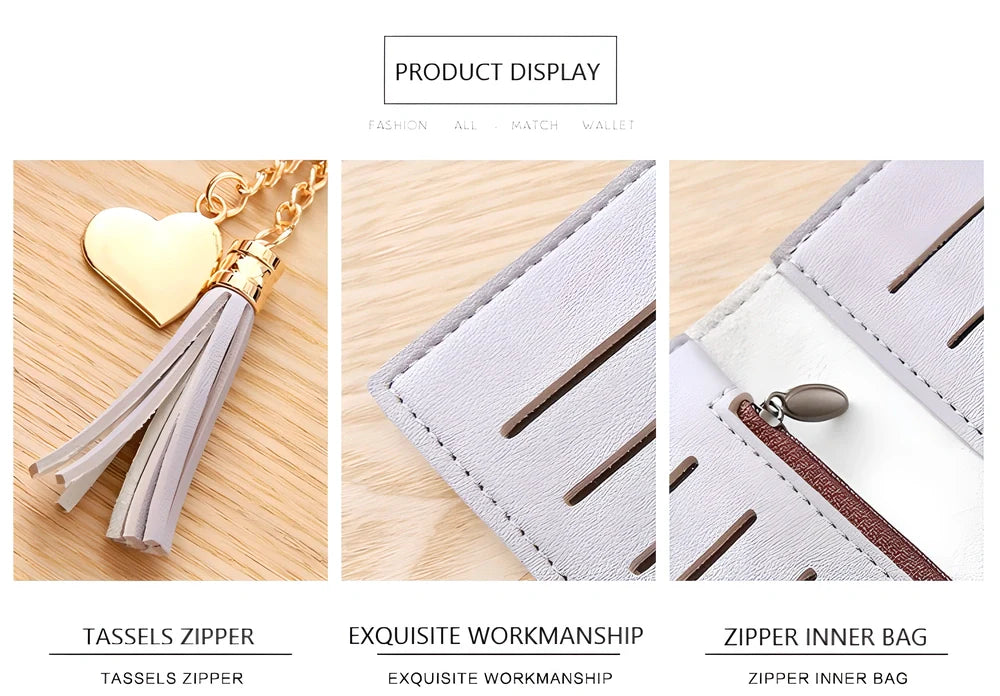 GEONYIEEK™ Women's Long Leather Wallet in various colours, featuring a sleek design, decorative tassel, and multiple storage compartments