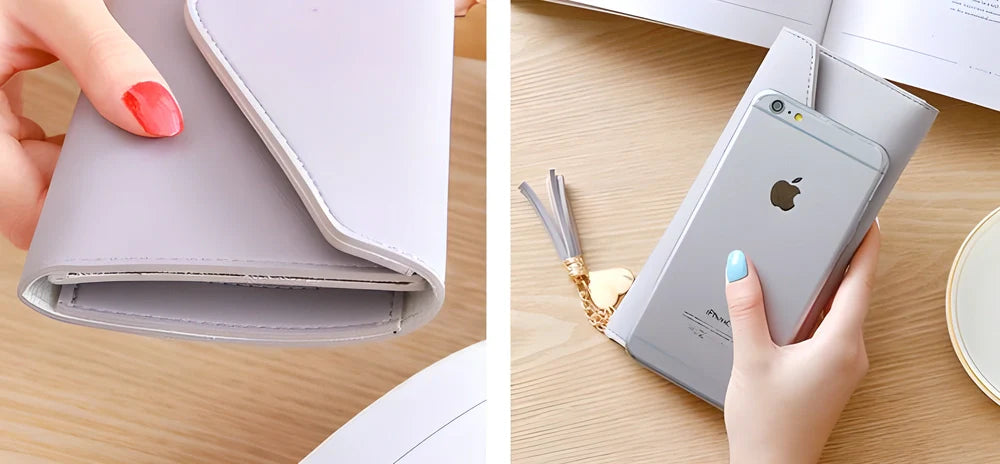 GEONYIEEK™ Women's Long Leather Wallet in various colours, featuring a sleek design, decorative tassel, and multiple storage compartments