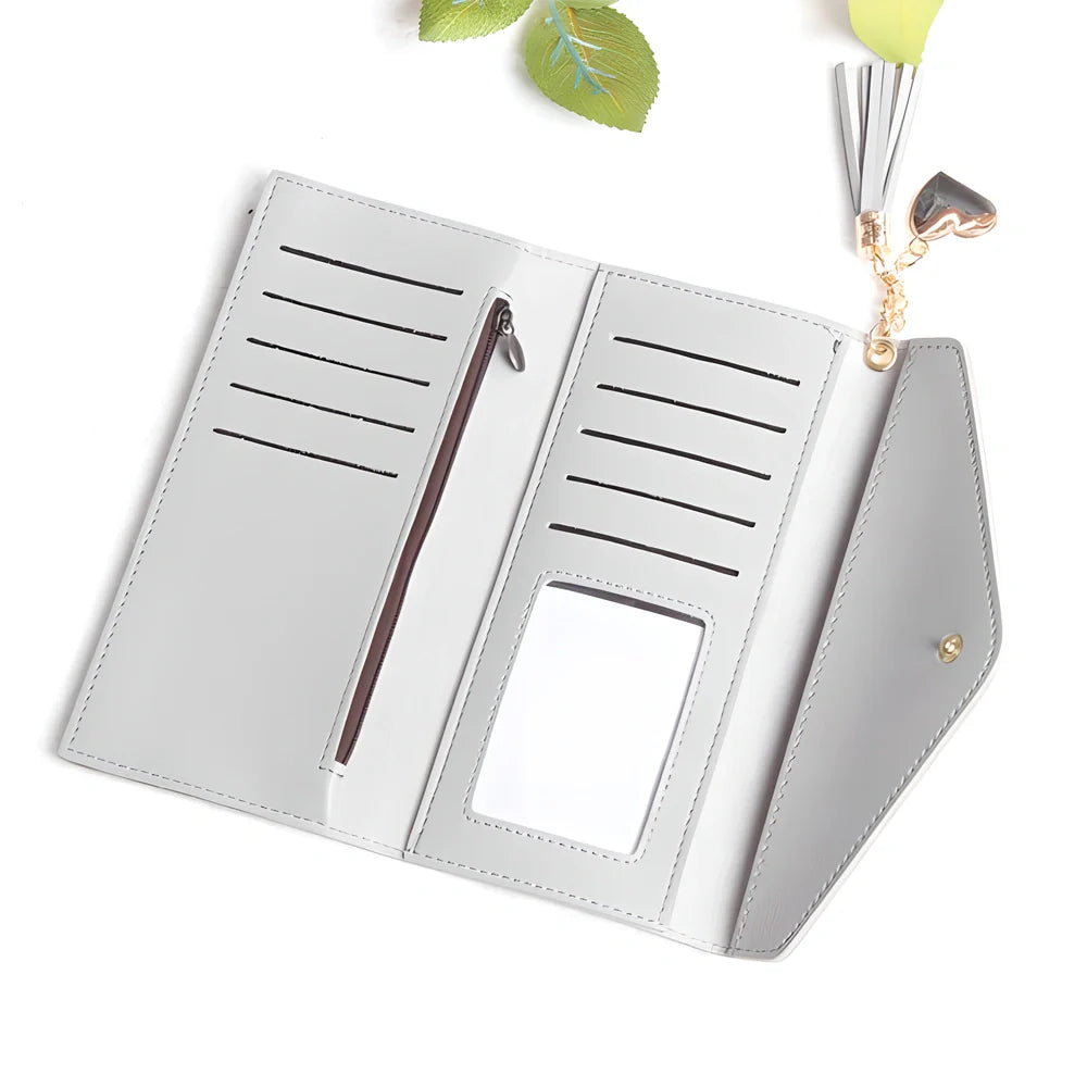 GEONYIEEK™ Women's Long Leather Wallet in various colours, featuring a sleek design, decorative tassel, and multiple storage compartments