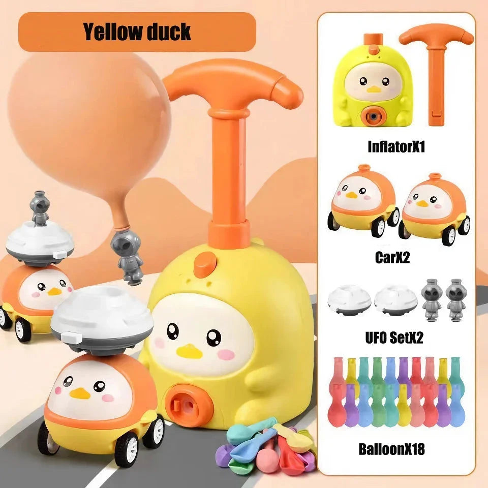Balloon-powered launcher and car set for children, featuring a pink pig design and components for educational science play