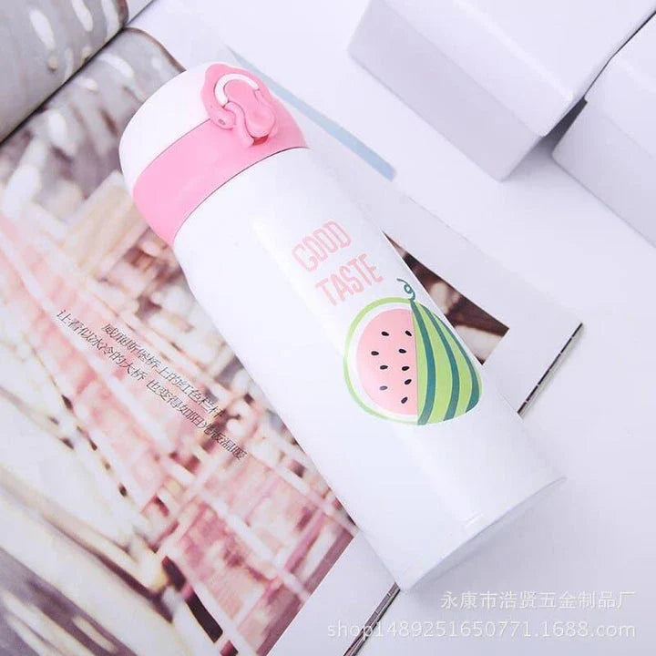 Premium stainless steel vacuum insulated thermos bottle with vibrant fruit print design, perfect for keeping children's drinks hot or cold.