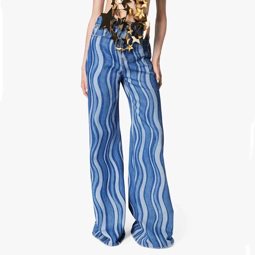 Women's high-waist striped denim trousers in a stylish blue colour, featuring a unique pattern and functional design for everyday wear.