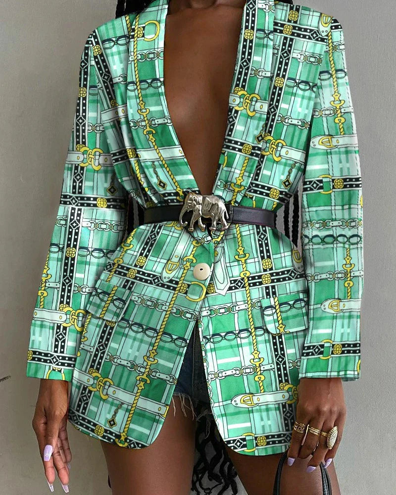 Women's Stylish Printed Shawl-Collar Single-Breasted Blazer with Belt in various colours