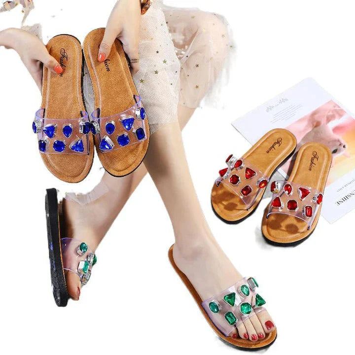 Stylish anti-slip sandals with gemstone and diamond embellishments, available in ruby red, green, and blue colours