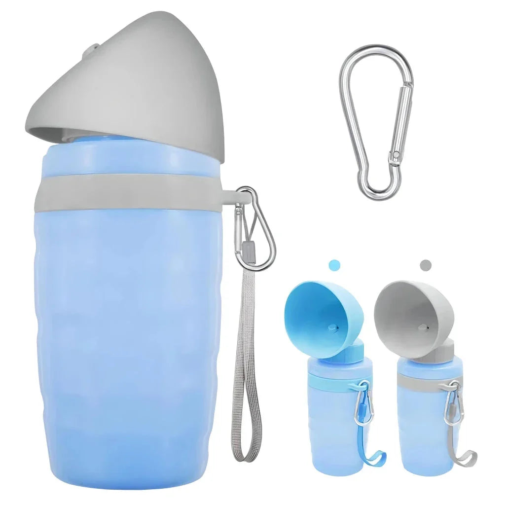 Portable dog water bottle with foldable drinking cup bowl, made of durable and food-grade plastic for safe hydration on walks, hikes, and outdoor activities.