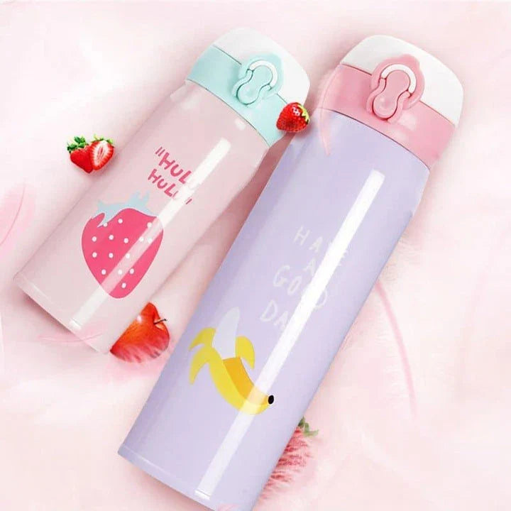 Premium stainless steel vacuum insulated thermos bottle with vibrant fruit print design, perfect for keeping children's drinks hot or cold.