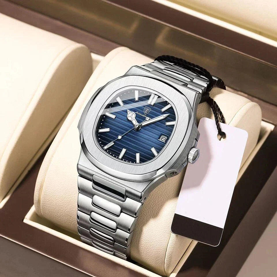 Refined Square Quartz Timepiece with stainless steel band, luminous hands, and water resistance up to 30 metres