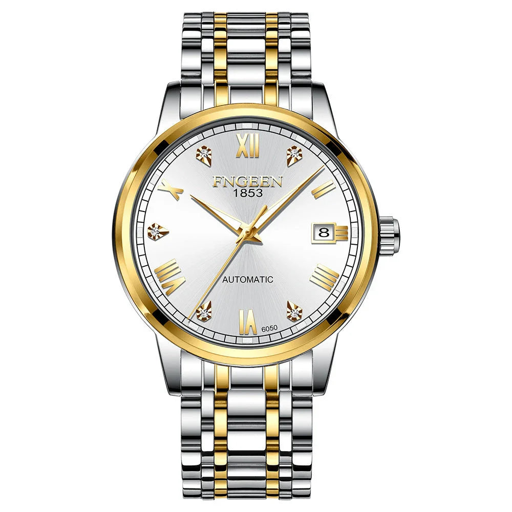 Premium automatic mechanical watch with leather strap, featuring a stainless steel case, luminous hands and markers, and a stylish British-inspired design