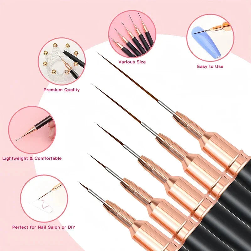 Professional Stripe Nail Art Brushes in various sizes for intricate nail art designs