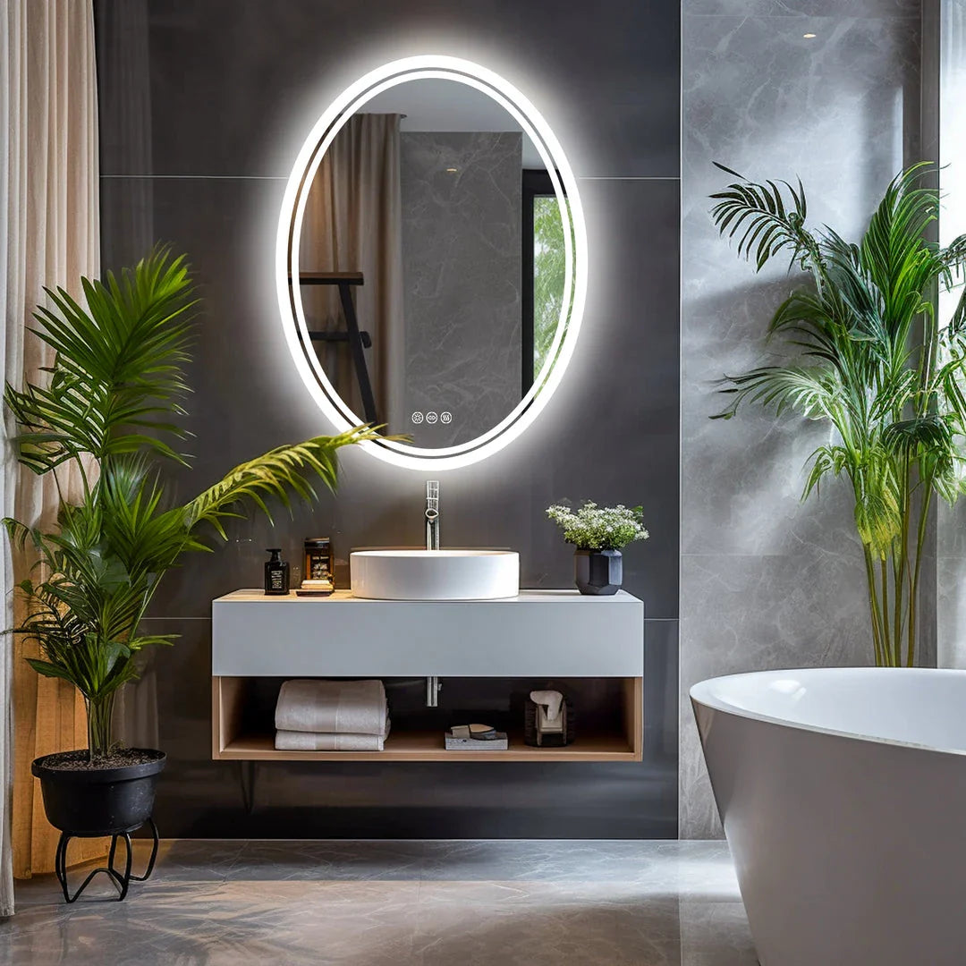 Elegant LED backlit round vanity mirror with adjustable warm, natural white, and bright white lighting settings