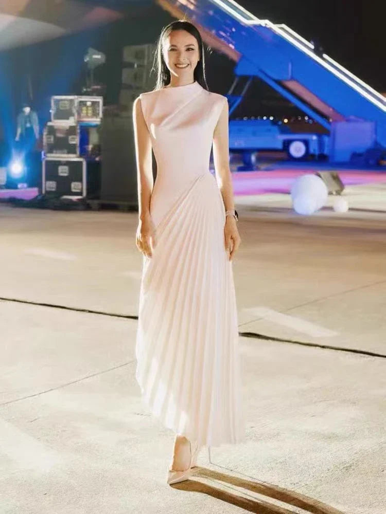 Elegant asymmetric dress with half turtleneck in wine red and milky white colours