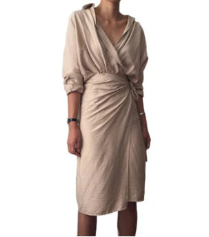 Irregular wrap dress in beige with a unique, contemporary design and premium cotton blend fabric