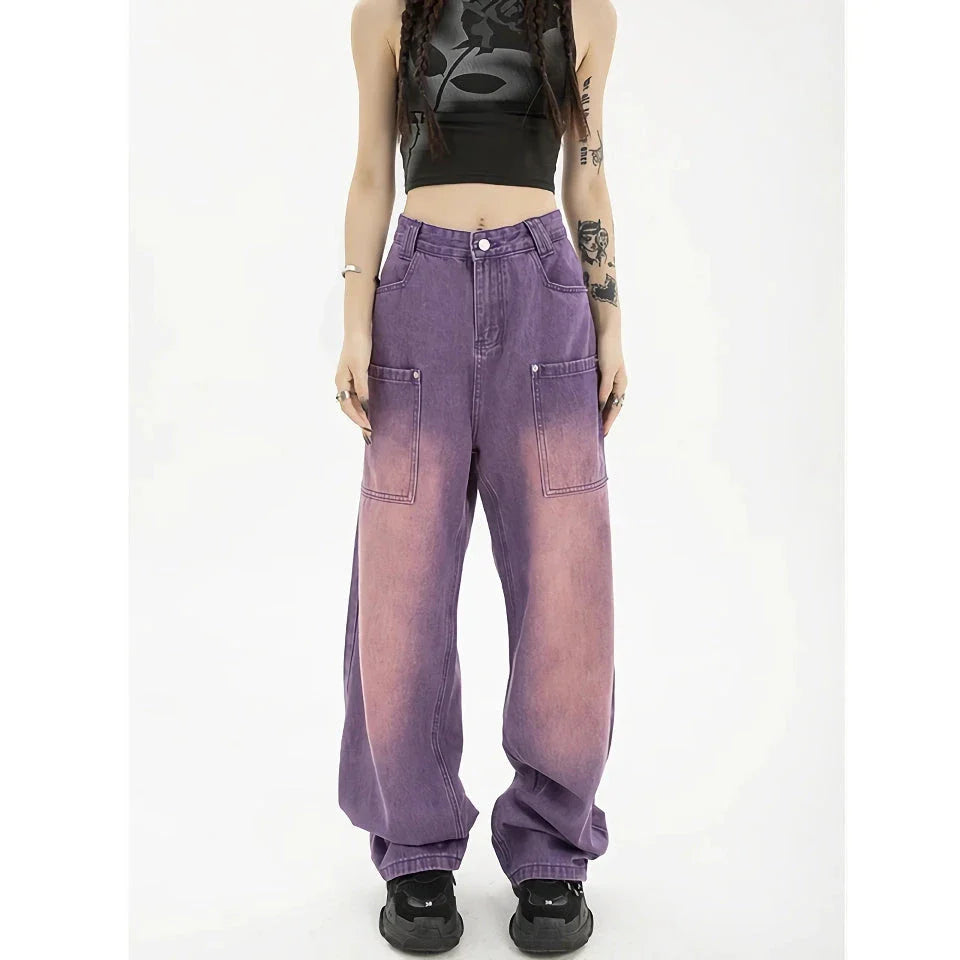 Stylish high-waist purple wide-leg jeans with elegant button details and a premium denim design