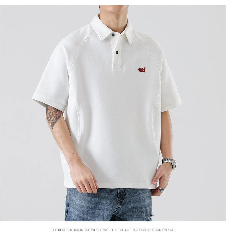 Retro Short Sleeve Men's T-shirt with Embroidered Design in Dark Brown, White, and Grey Colours