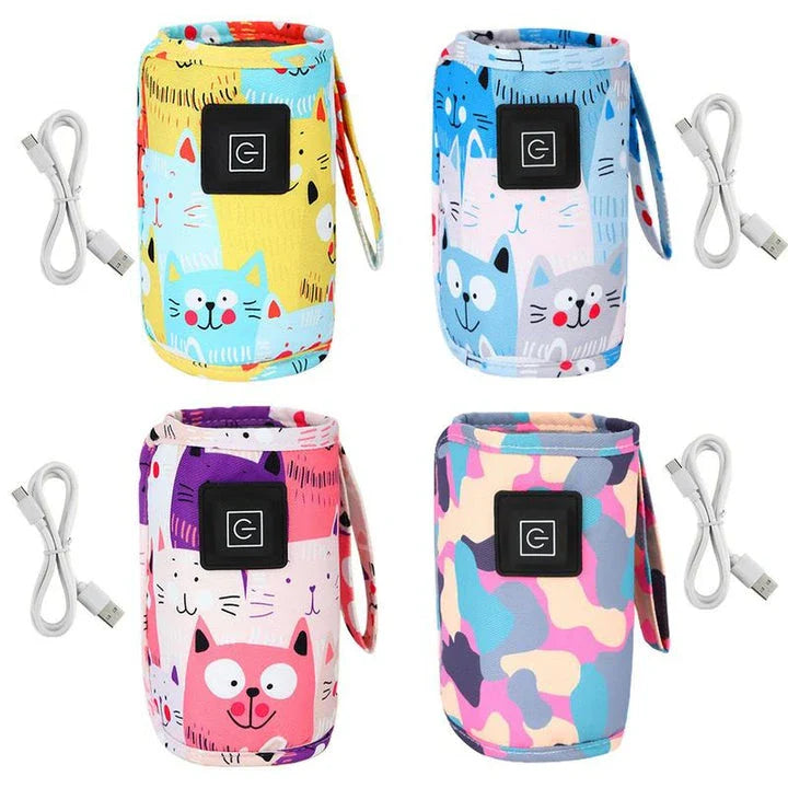 Portable USB Baby Bottle Warmer and Insulated Bag in purple, with a USB charging cable and temperature control settings