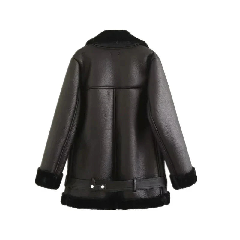Stylish ladies' PU leather jacket with trendy belt in black colour