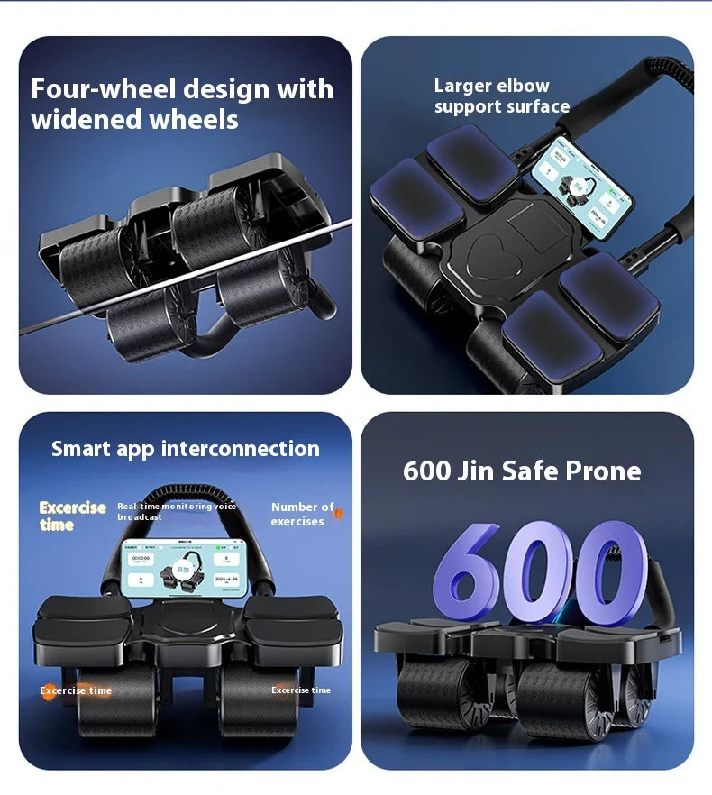 Premium 4-wheel abdominal roller with automatic rebound and mobile app for core strengthening and fitness workout