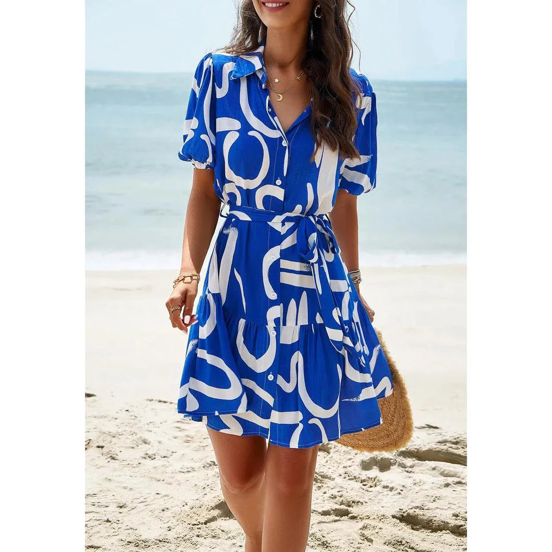 Elegant Geometric Print Mini Dress in Khaki with A-Line Silhouette and V-Neckline