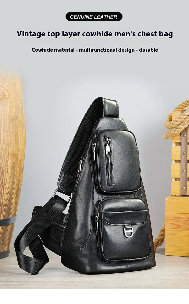 Premium first-layer cowhide chest bag with stylish skeleton skin detailing, suitable for men's everyday use and travel