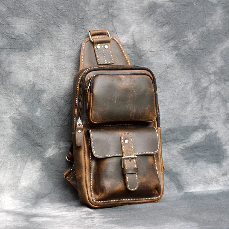 Premium handcrafted cow leather one-shoulder messenger bag for men in vintage brown colour