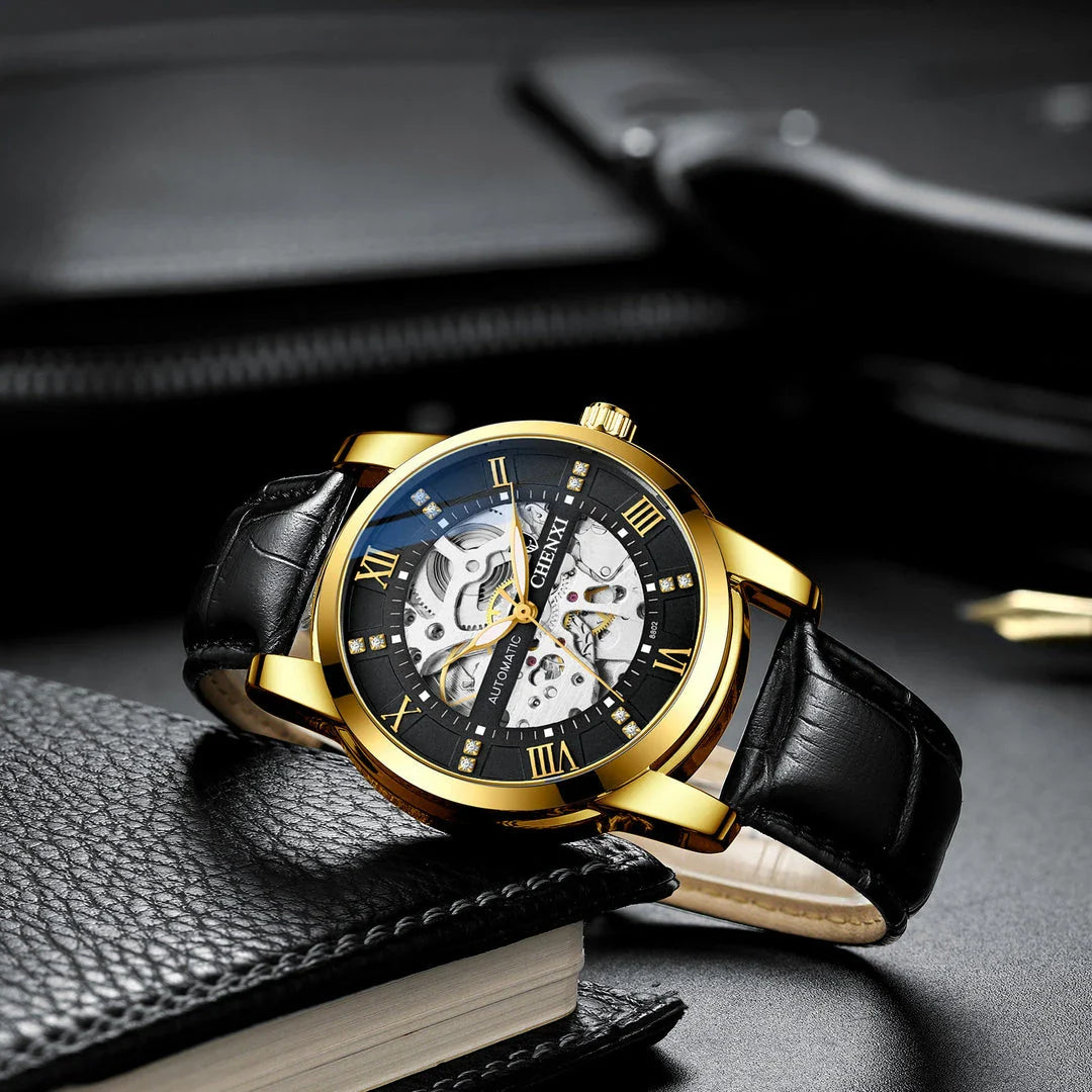 Premium automatic mechanical watch with a waterproof leather strap, featuring a sophisticated and versatile design.