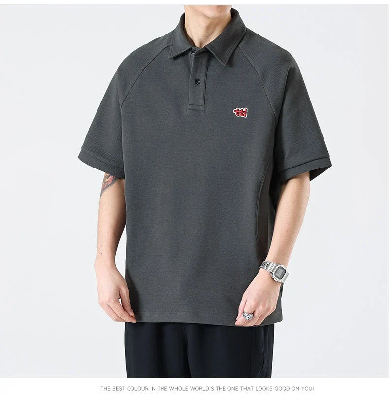 Retro Short Sleeve Men's T-shirt with Embroidered Design in Dark Brown, White, and Grey Colours