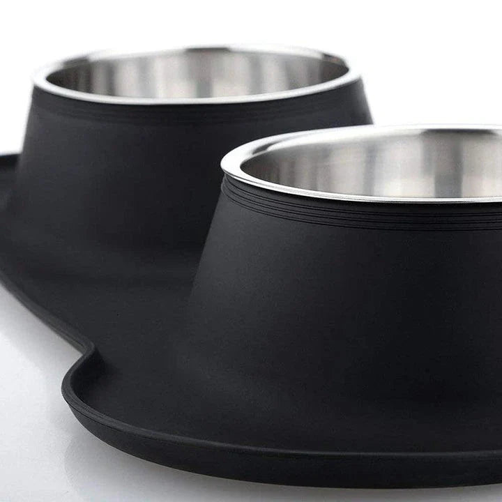 Stainless steel and silicone anti-slip double pet feeding bowl with elevated, slip-resistant design for dogs and cats