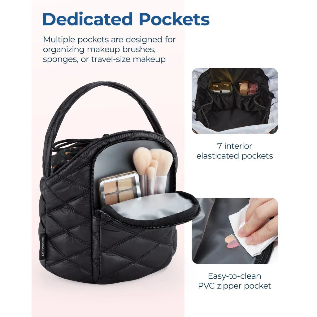 Premium waterproof drawstring cosmetic bag with elastic pockets for organised makeup storage and easy access