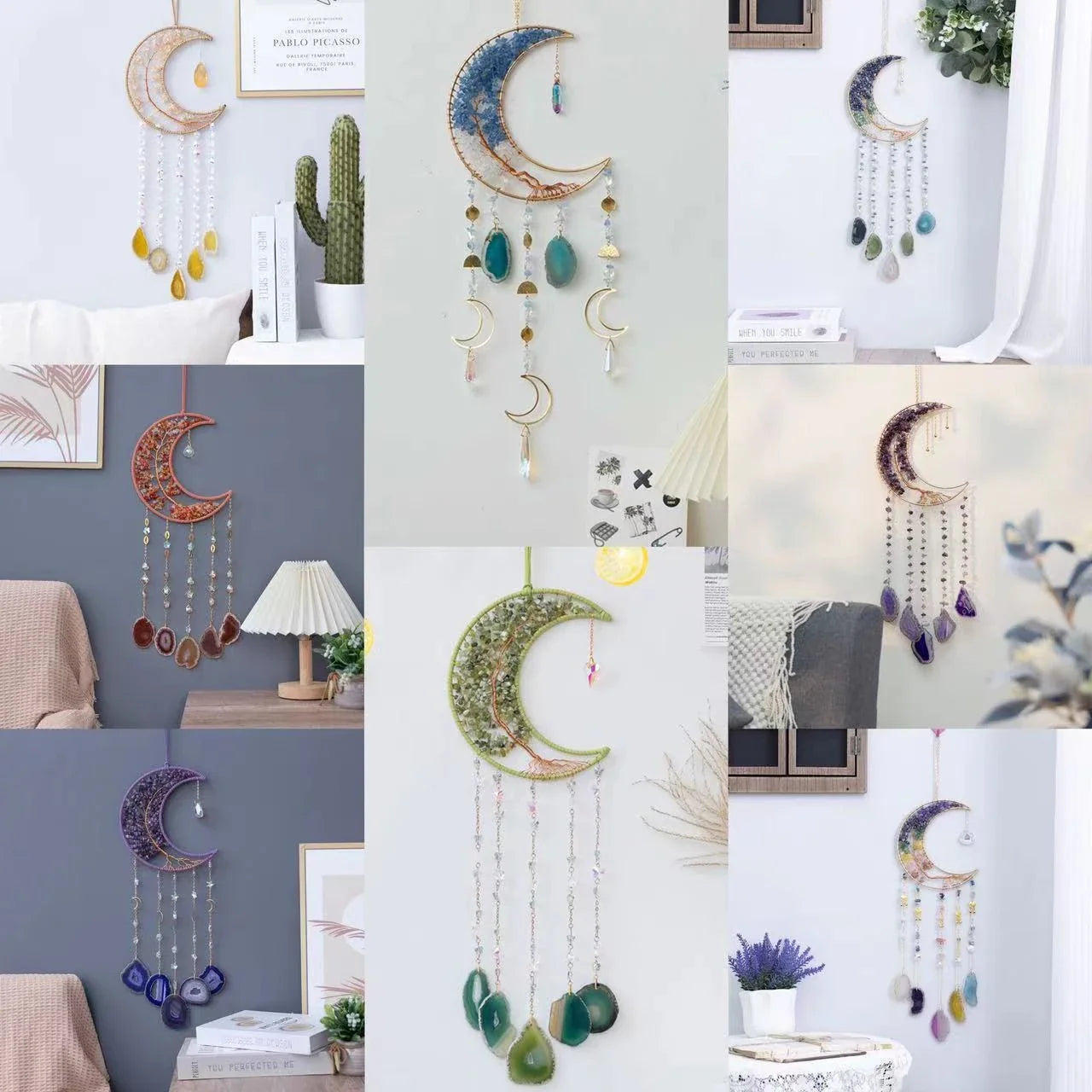 Mesmerising Moon Agate Crystal Pendant Dream Catcher with a stunning array of colourful agate crystals