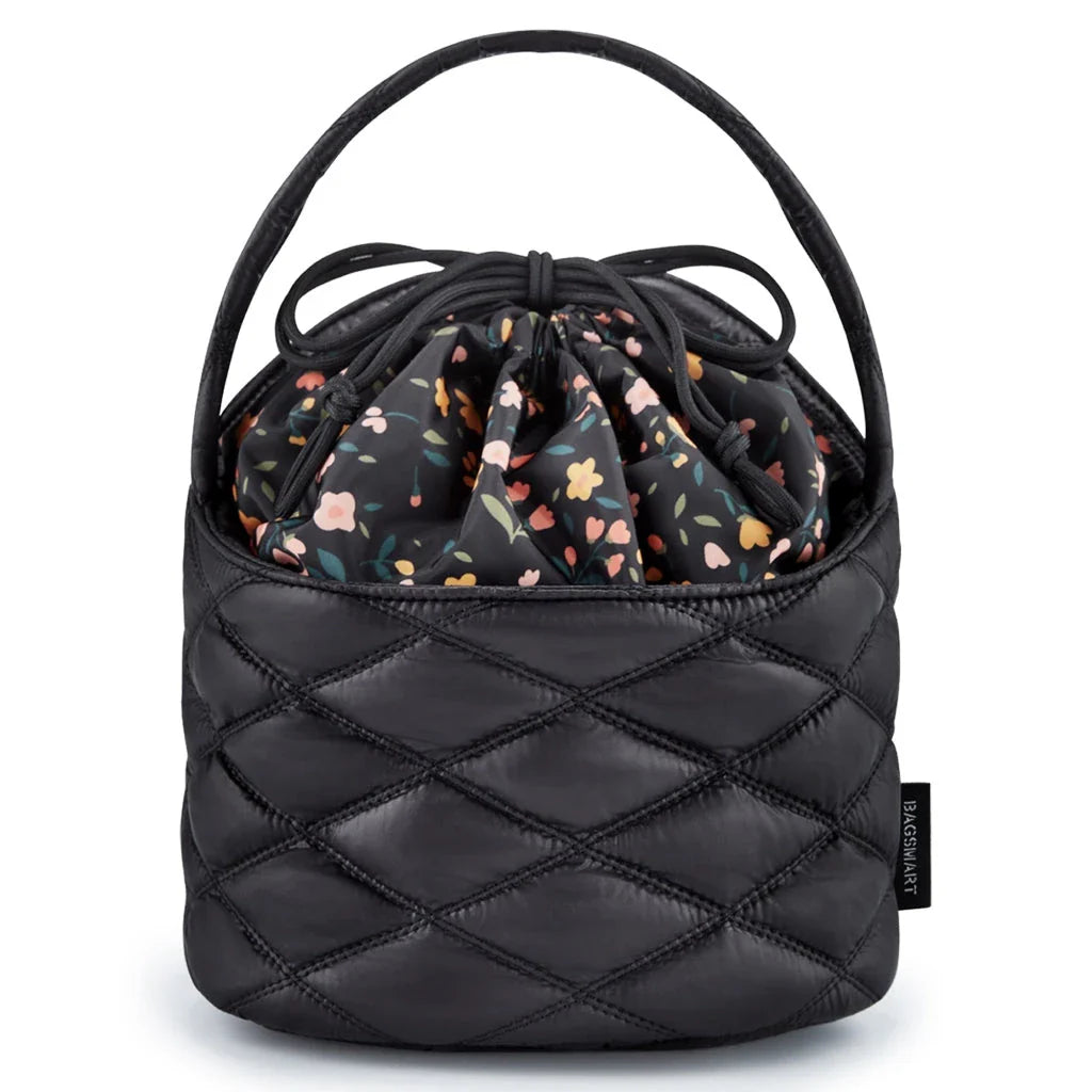 Premium waterproof drawstring cosmetic bag with elastic pockets for organised makeup storage and easy access
