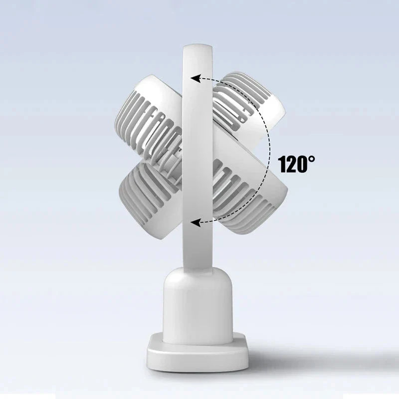 Compact USB-powered desk fan with three-speed airflow and built-in lighting for versatile workspace cooling and illumination