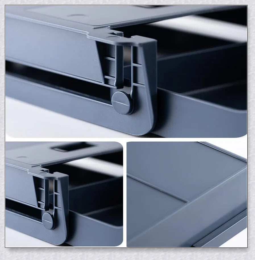 Discreet hidden under-desk storage drawer for pens, pencils, and other office supplies