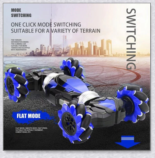 Remote control stunt car with 360-degree rotation, flips, and built-in colourful lights and music for exciting playtime