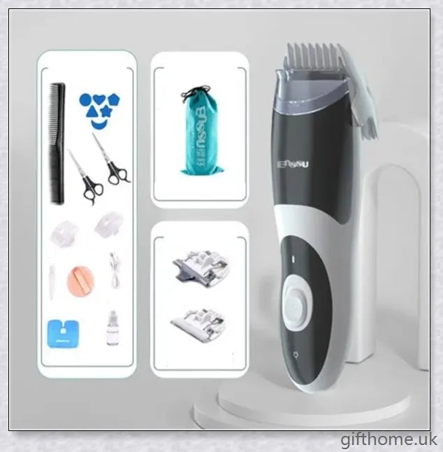 A premium baby hair clipper with a grey colour, featuring an ergonomic design and quiet, vibration-free operation for a smooth, safe haircut experience.