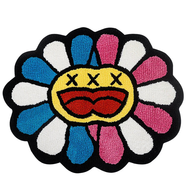 Cheerful smiling face tufted carpet in pink and blue colours, a plush and comfortable home decor item