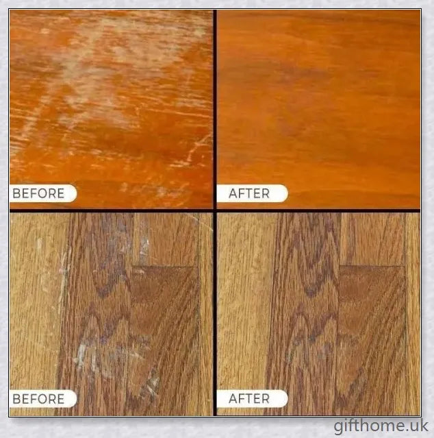 A bottle of premium wood scratch repair spray with a light and dark colour option for blending seamlessly with various wood tones.