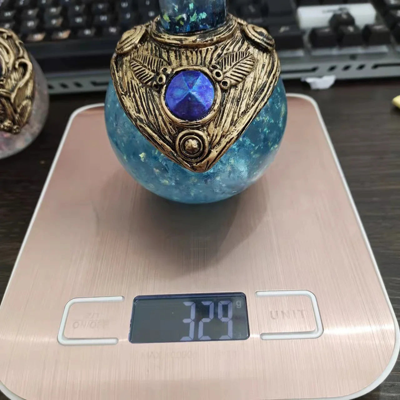 Shimmering resin mermaid bottle with iridescent tail, bathed in moonlight and captivating ambience