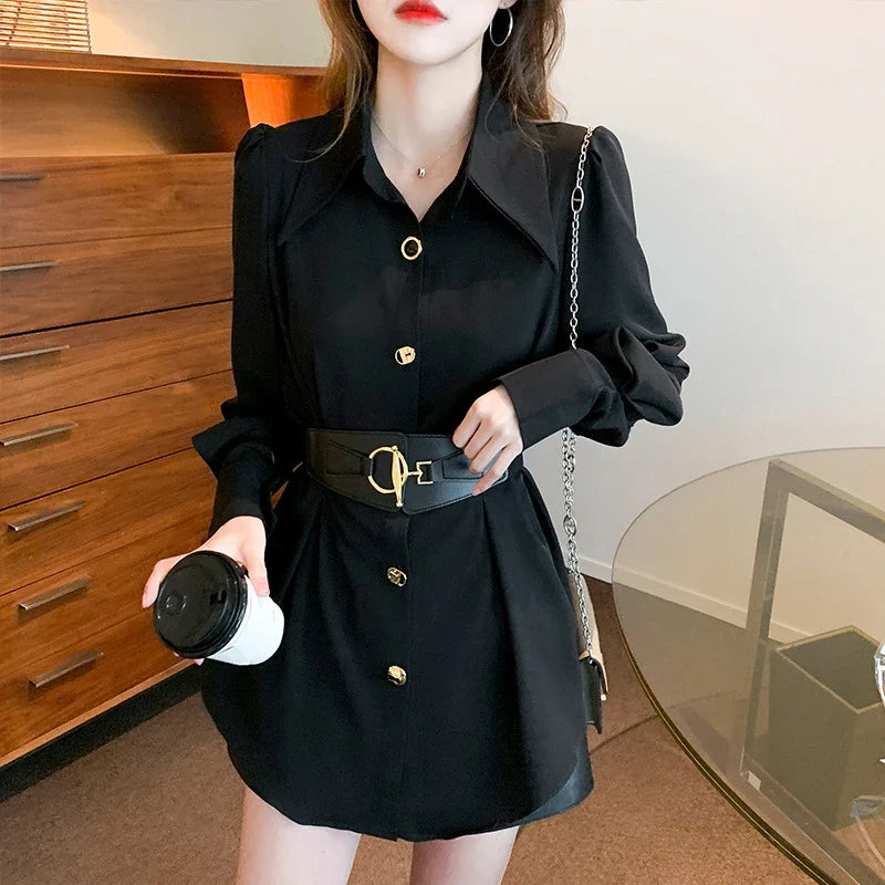 Elegant long sleeve women's blouse with metal buckle belt in white and black colours