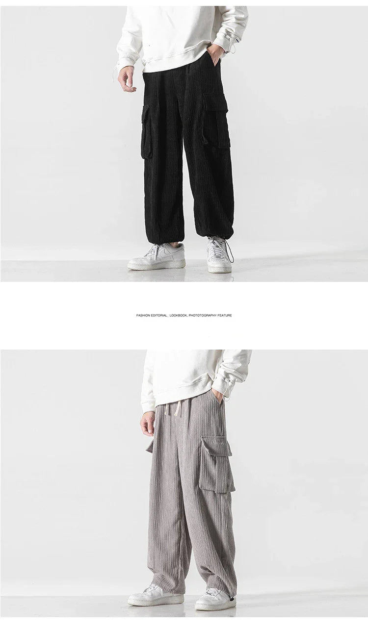 Stylish men's corduroy casual trousers with a relaxed wide-leg silhouette and a variety of classic colour options