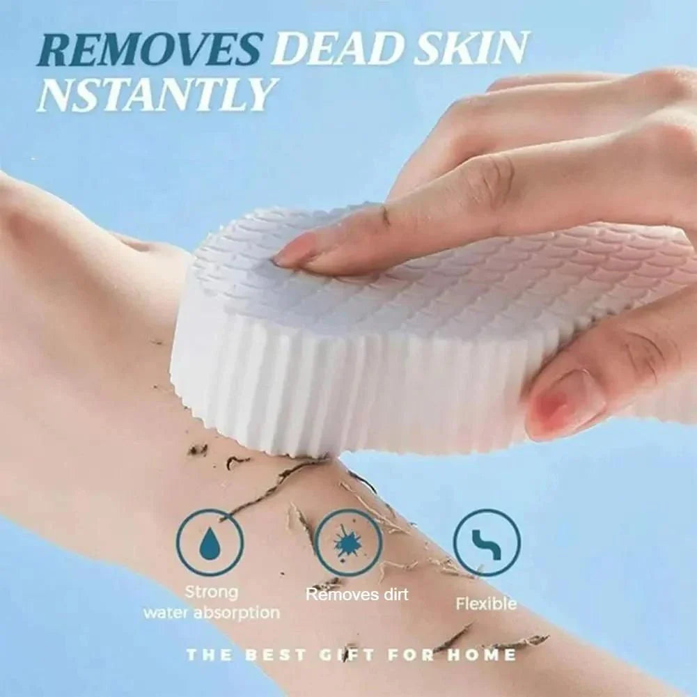 Luxurious white exfoliating bath sponge with a unique hardening design for hygienic and convenient use