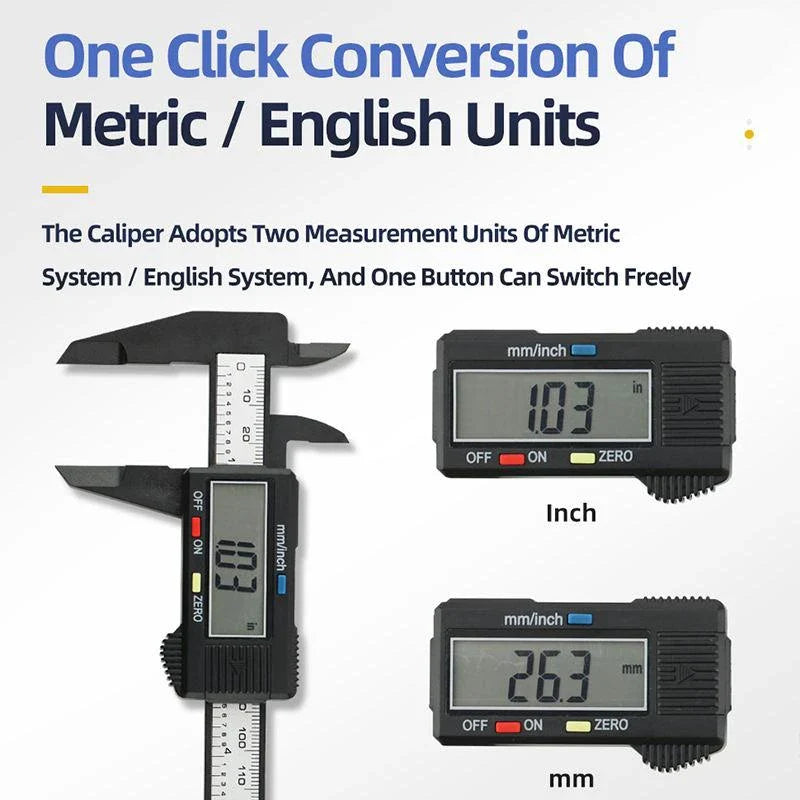 High-Precision Digital Vernier Caliper made of durable carbon fibre with clear LCD display and versatile measuring capabilities